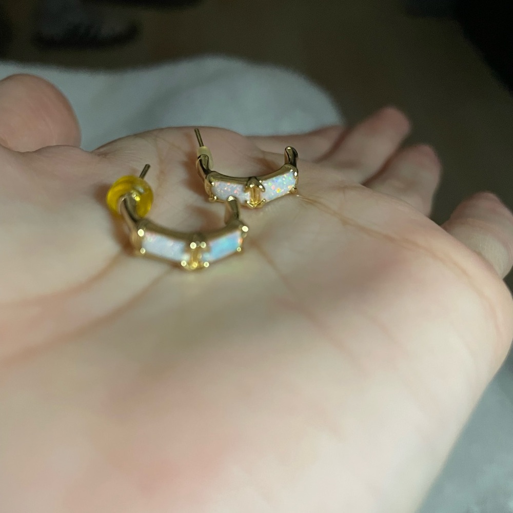 Gold Opal Inlay Huggie Earrings - White Opal Color - Picture 3 of 3